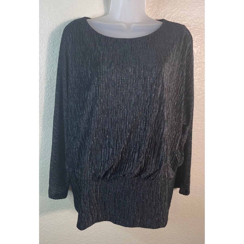 Chicos 2 US Large Top Black Metallic Pleated Dolman Sleeve Blouse Event Chic